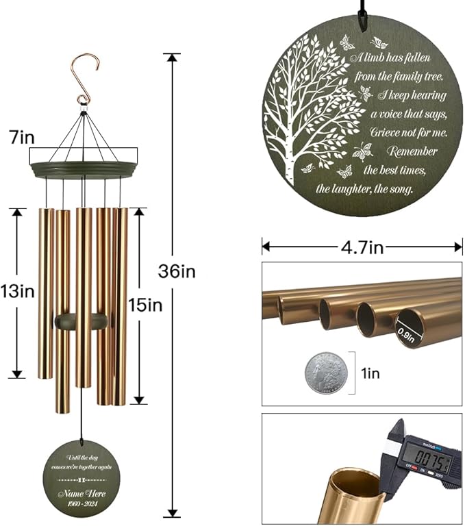 Memorial Wind Chimes Personalized, 36inch Sympathy Wind Chime Custom Name, Life Tree Butterfly Memorial Gifts, for Loss of Loved Dad/Mom, Deep Tone Decor Outside (Produced in USA)