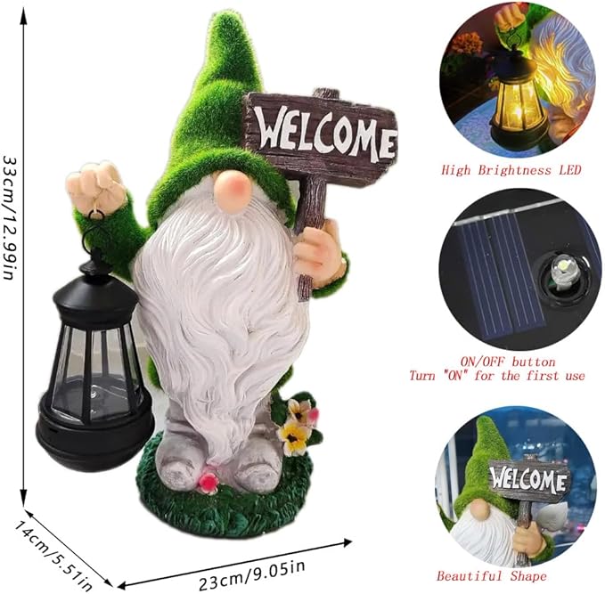 Halloween Fall Welcome Gnomes Statue Gift for Front Door Welcome Figures Solar Decor- Fall Gnomes Statue with Light Lanterna for Outdoor Yard