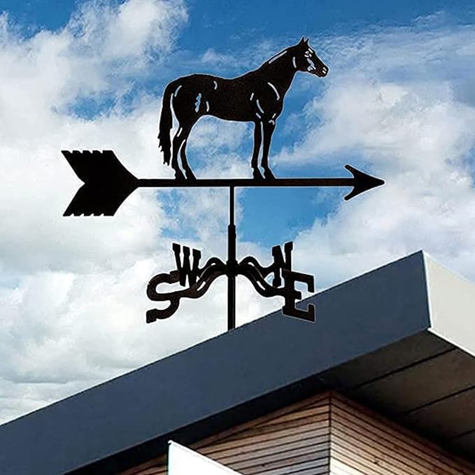 Weathervane Cast Iron Horse Wind Direction Indicator with Roof Mount Metal Decorations Wind Direction Indicator for Outdoor Roof Farm Yard