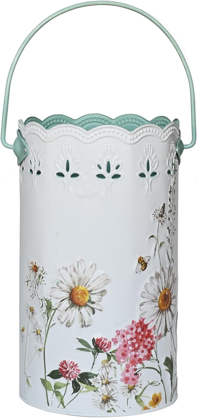 Set of 2 Vintage White Metal Flower Pots, Decorative Floral Buckets Distressed Iron Vases Farmhouse Planters for Dried Flowers, Faux Plants, Home Garden Decor (Flower)