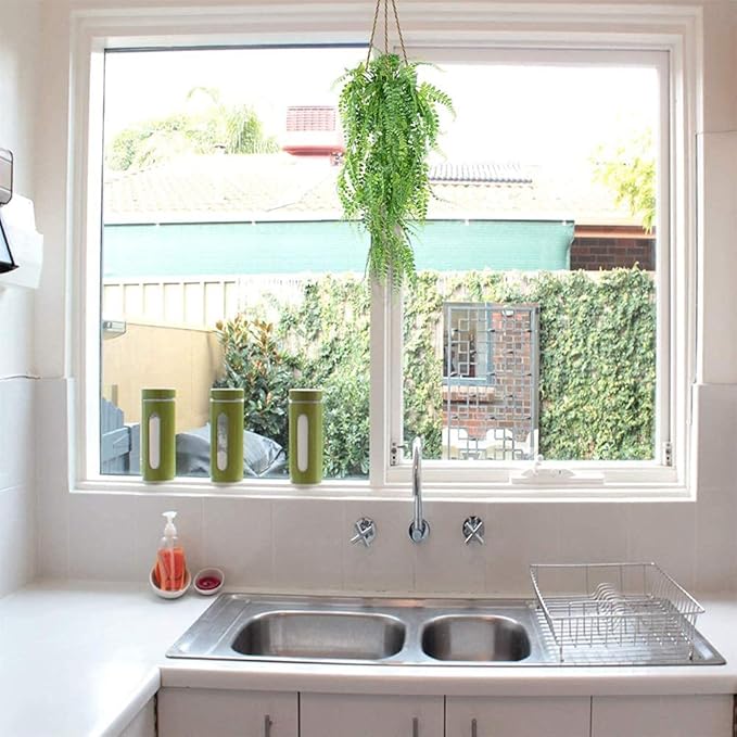 CLONG 2 pcs Artificial Hanging Ferns Plants Vine Fake Ivy Boston Fern Hanging Plant Outdoor UV Resistant Plastic Plants (2, Green)