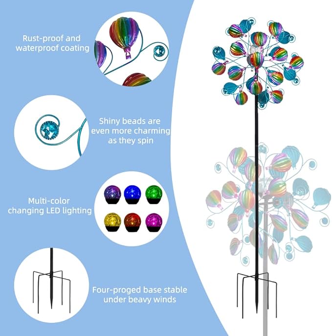 Solar Wind Spinners Outdoor,Hot Air Balloon Wind Spinner with LED Glass Ball,Muti-color Wind Spinners for Yard and Garden,Pinwheels Kinetic Wind Spinner,Wind Sculptures & Spinners for Pathway