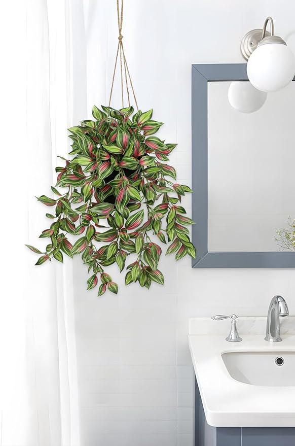 Briful Artificial Hanging Plants in Black Pot 17.7" Lifelike Trailing Faux Watermelon Peperomia Silk Plant with Cascading Greenery Fake Hanging Greenery for Indoor & Outdoor Home Garden Décor