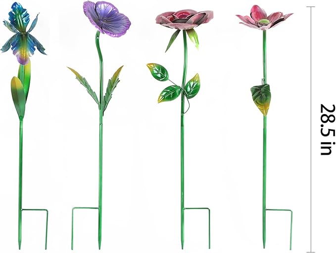 28.5" H Large Flower Stake Metal Decoration for Garden Set of 4, Plant Pick Art Ornaments Waterproof Stake for Lawn Porch Pathway Patio Flower Bed, Yard Outdoor Ornaments(Red & Purple & Blue)