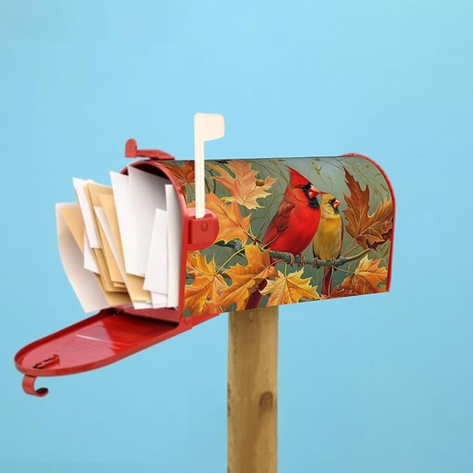 Fall Birds Mailbox Cover Magnetic, Autumn Maple Leaves Chestnut Tree Mailbox Wrap, Standard Size 21x18 Inch Waterproof Letter Post Cover for Garden Yard Outdoor Seasonal Decor
