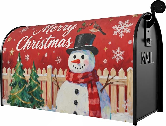 Merry Christmas Snowman Mailbox Covers Magnetic Standard Size Red Green Xmas Tree Snowflake Cardinal Outdoor Decorative Holiday Seasonal Letter Box Cases for Home Garden Outside Decor, 21x18 Inch