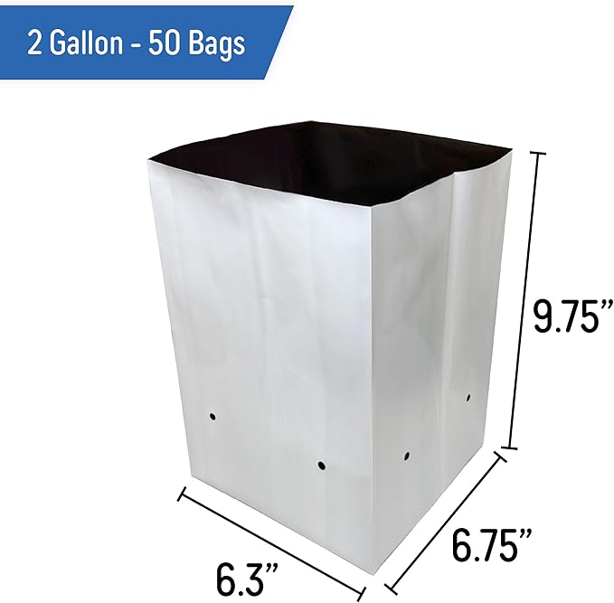 A.A 2 Gallon Grow Bags Black and White Poly Nursery Bags for Plants, Tree Grow, Greenhouse (50 Pack)