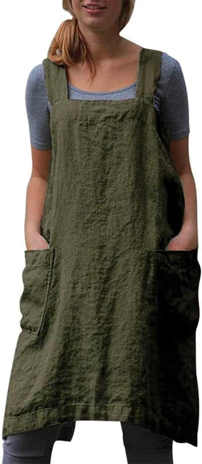 Cotton Linen Apron Cross Back Baking Cooking Gardening Apron for Women with Pockets Pinafore Dress