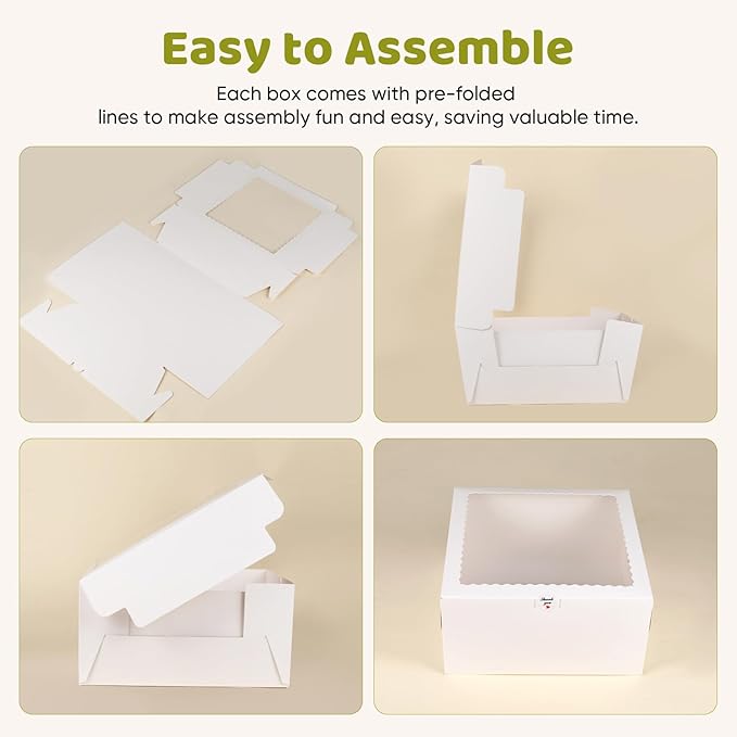 30 Pack Cake Boxes 10 Inch, Disposable Cake Transport Container, 10 Inch Cake Box with Window, White Bakery Boxes with Stickers, Cajas Para Pasteles for Cookies Pies Cupcakes Pastry(10x10x5 Inches)