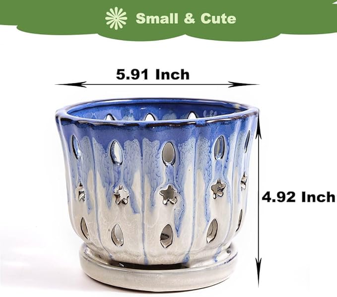 Orchid Pots with Holes Attached Saucers 6 Inches - 1 Pcs Small Ceramic Pots for Repotting, Decorative Ceramic Orchid Planter with Hole for Healthy Root Growth Blue Over White