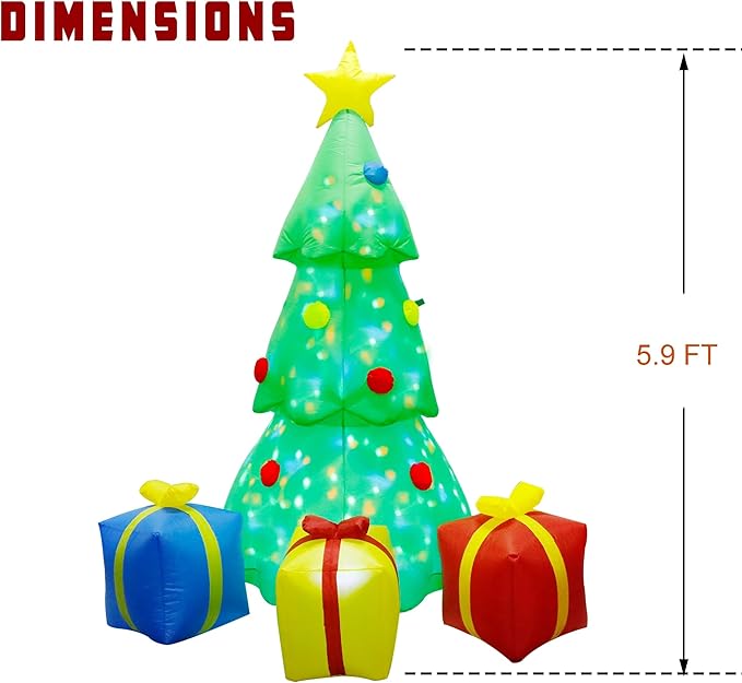 Joliyoou Christmas Yard Decorations, 5.9 FT Inflatable Lighted Christmas Tree with Rotating Projection Lamp, Jumbo Blow Up Xmas Tree with Gift Boxes Outdoor Indoor Decorations