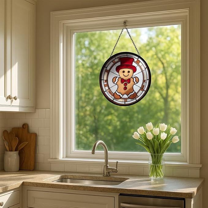 Stained Glass Window Hanging – 7.8 in Gingerbread Man Panel with Chain， Bathroom Front Door Living Room Garden Decor， Christmas for Mom Wife Lovers