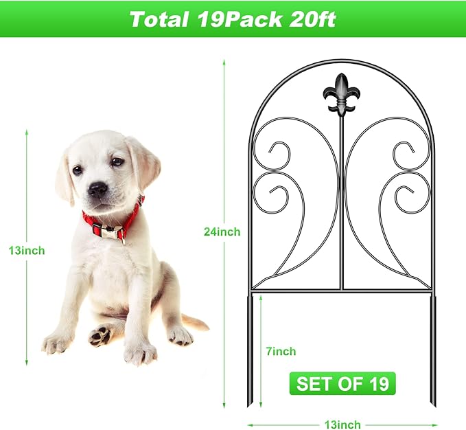 Decorative Garden Fence 19 Pack, 24in(H) x 20ft(L) Animal Barrier Fence, Rustproof Metal Fencing for Yard, Dog Rabbits Wire Section Garden Edging Border for Yard Patio Garden, Arched