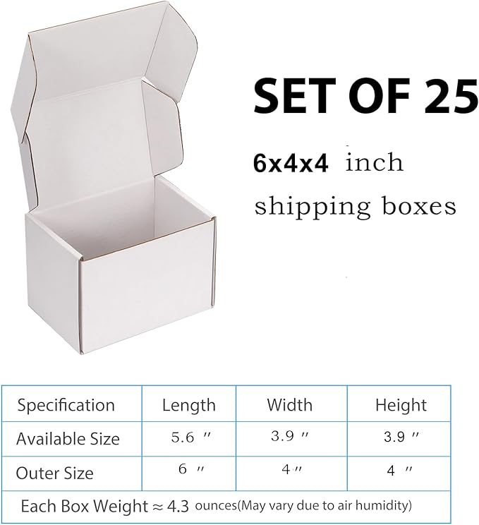 Small Shipping Boxes 6x4x4 Inch (25 Pack) - Sturdy White Corrugated Cardboard Boxes for Small Business, Ecommerce, Mailing & Packaging | Recyclable Gift & Storage Boxes