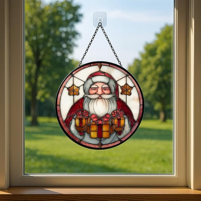 Stained Glass Window Hanging – 6.3 in Santa Claus Holding Presents Panel with Chain， Bathroom Front Door Living Room Garden Decor， Gift for Mom Wife Lovers