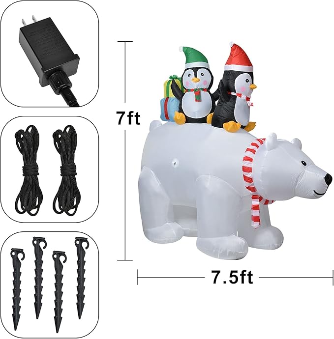 DearHouse 7FT Inflatable Christmas Polar Bear with Penguin and Gift, 5 Led Lights Xmas Holiday Blow Up Family Party Decoration Yard Lawn Favors Indoor Outdoor Inflatables
