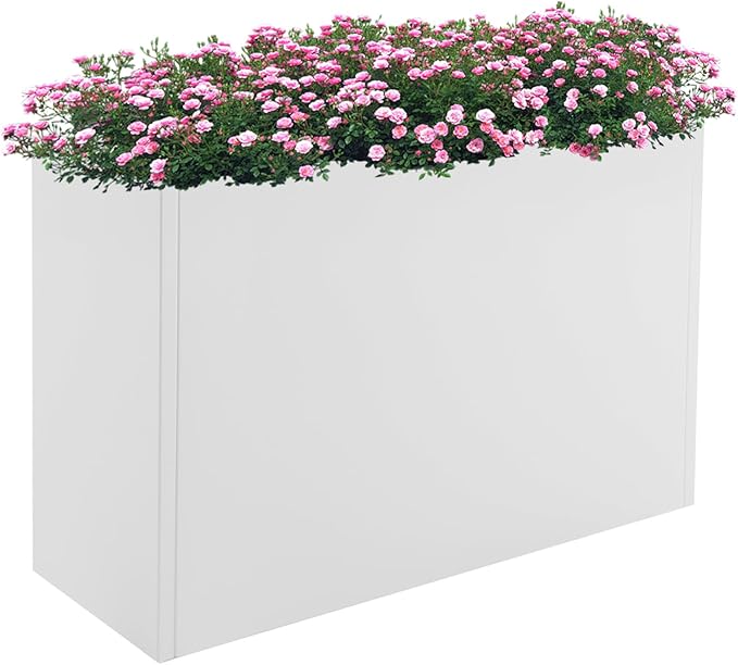 Metallic Heavy Planter Box, Large Metal Planter with Removable Insert Shelf for Outdoor/Indoor, Tall Trees, Plants, Flowers, Easy Assembly (White, 38 * 12 * 24inch)