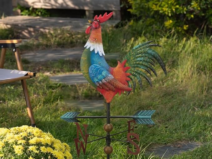 TERESA'S COLLECTIONS Garden Decor with Solar Outdoor Lights, Red Rooster Yard Art Sign for Outside, 39.4'' Metal Weathervane Decorative Garden Stake for Outdoor Decor Lawn, Gifts for Mom