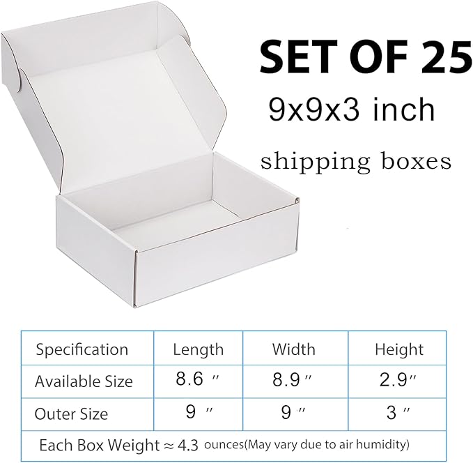 Small Shipping Boxes 9x9x3 Inch (25 Pack) - Sturdy White Corrugated Cardboard Boxes for Small Business, Ecommerce, Mailing & Packaging | Recyclable Gift & Storage Boxes