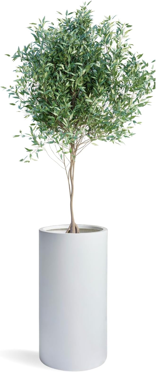 19.5"H x 9.8"D Tubo Fiberstone Cylinder Tall Planter, Christmas Tree Planter, Smooth Finishes, Weather Resistant for Indoor & Outdoor Use, Included 2 Extra Coco Mats (White,8.2" Pot Opening)