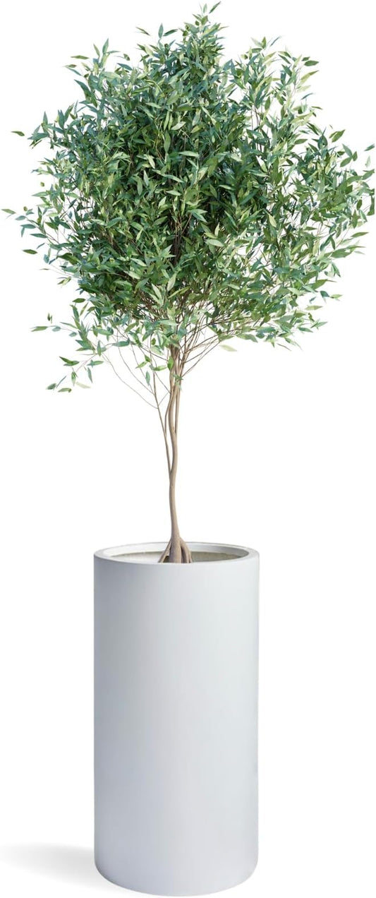 19.5"H x 9.8"D Tubo Fiberstone Cylinder Tall Planter, Christmas Tree Planter, Smooth Finishes, Weather Resistant for Indoor & Outdoor Use, Included 2 Extra Coco Mats (White,8.2" Pot Opening)