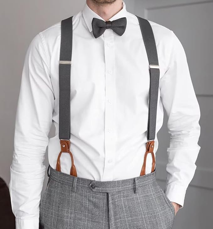 UPSONG Mens Suspenders，Brown Leather Button Tab and Clip Braces Heavy Duty Suspender Wedding Suspenders for Groom Groomsmen
