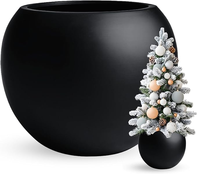 9.7" H x 12" D Globo Fiberstone Round Planter - Christmas Tree Planter, Smooth Finishes, Weather Resistant for Indoor & Outdoor Use, Included 2 Extra Coco Mats (Black, 7.8" Pot Opening)