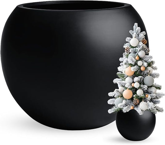 9.7" H x 12" D Globo Fiberstone Round Planter - Christmas Tree Planter, Smooth Finishes, Weather Resistant for Indoor & Outdoor Use, Included 2 Extra Coco Mats (Black, 7.8" Pot Opening)