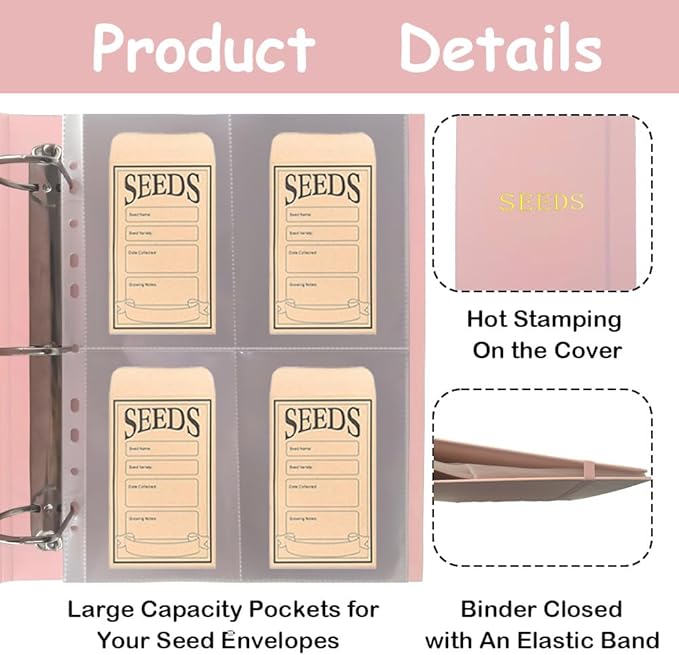 Extra Large Seed Storage Organizer Binder with 200 Clear Pockets(50 Pack Sheet Sleeves), 3 Ring Seed Packet Organizer, D-Ring Garden Seed Holder Book for Seed Envelopes Card, Plant Saver Flower Keeper