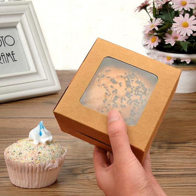 LINSHRY 50 Pack Brown Bakery Boxes, 4x4x2.5 Inches Small Pastry Treat Boxes with Window Gift Packaging Boxes for Cookies, Pastries, Mini Cakes, Donut, Pie Slice, Stickers Included