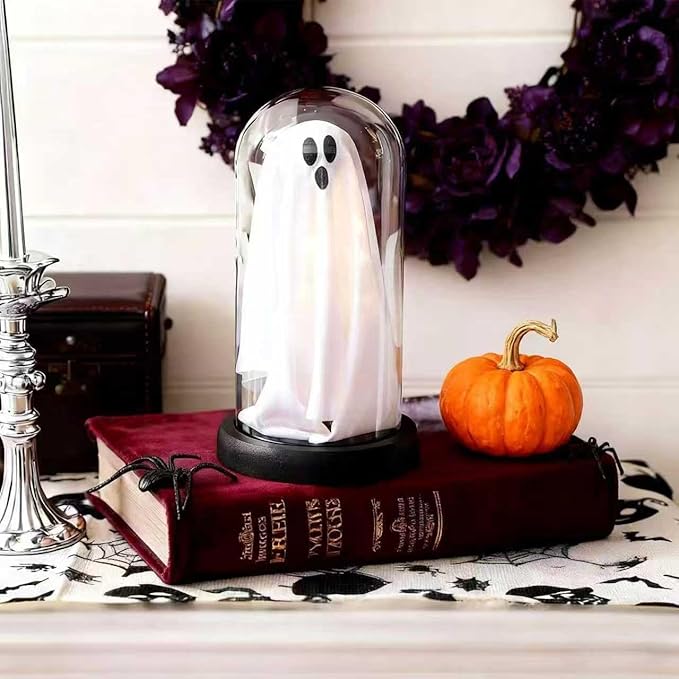 Halloween Decorations Indoor, Light Up Ghost in Transparent Dome Cloche, Cute Spooky Ghost Decor for Tabletop Mantel Display and Holiday Decorations