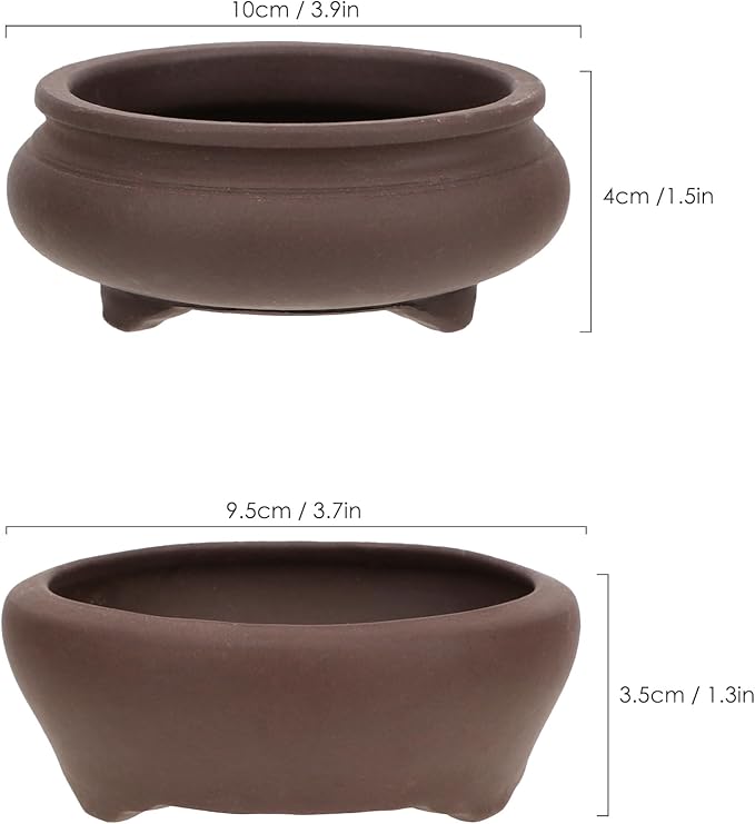 Bonsai Planter 2 pc 3.7" + 3.9" Unglazed Round Ceramic Succulent Pots Set