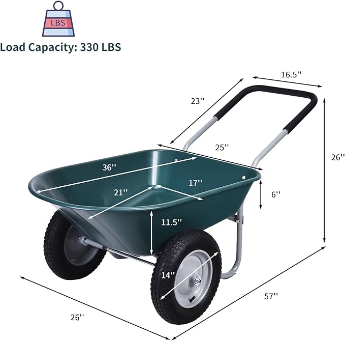 IRONMAX Garden Dual-Wheel Wheelbarrow, Heavy Duty Utility Yard Cart w/ 2x14’’ All-Terrain Wheels & Built-in Stand, Wheel Barrow for Lawn, Yard, Farm, Gardening & Planting (Green)
