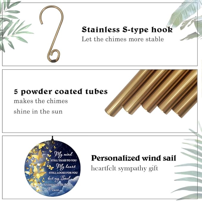Personalized Wind Chimes, 36inch Memorial Wind Chimes, Gold Butterfly Custom Name Sympathy Gifts, in Loving Memory of Dad/Mom, Wind Chime for Loss of Loved Ones Outdoor (Produced in USA)