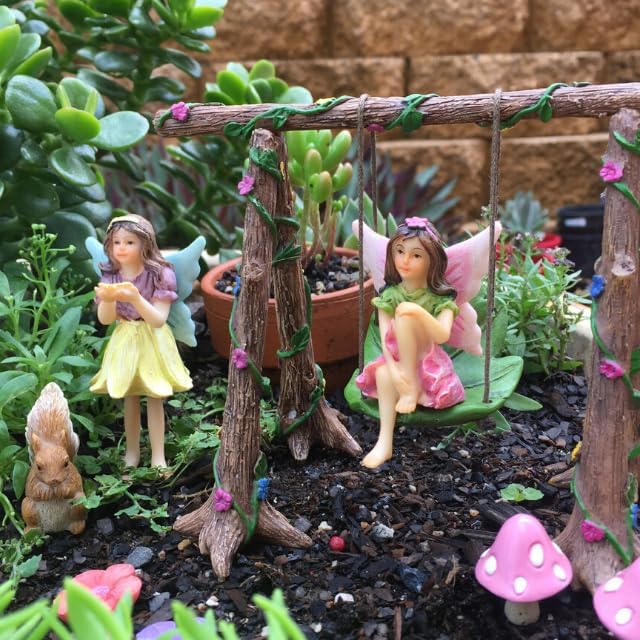 PRETMANNS Fairy Garden Accessories Starter Kit with Figurines, Swing Set, Squirrel & 2 Mushrooms – Ideal for Indoor Outdoor Miniature Garden – 6 Hand-Painted Resin Items