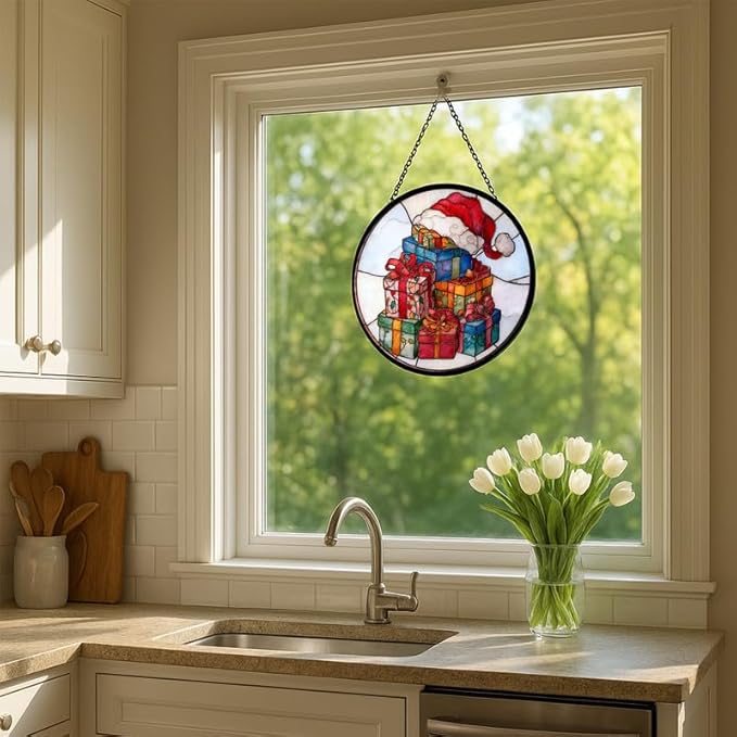 Stained Glass Window Hanging – 9.8 in Santa Hat Panel with Chain， Bathroom Front Door Living Room Garden Decor， Gift for Mom Wife Lovers