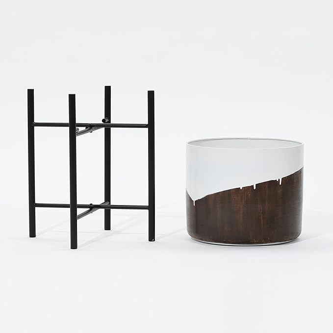 LuxenHome Modern Planter Pots, Set of 2 Planters for Indoor Plants, White and Brown Large Planters with Black Metal Stand, Flower Pots for Living Room, Office, Garden or Balcony, 10.25 & 12.5 Inch