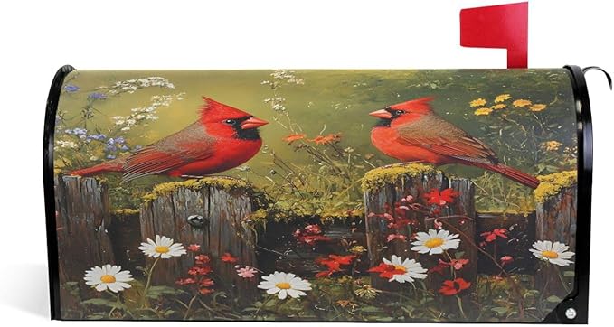 SUABO Mailbox Cover Two Red Cardinals Daisy Standard Magnetic Mailbox Covers Wraps for Christmas Home Yard Garden Decor