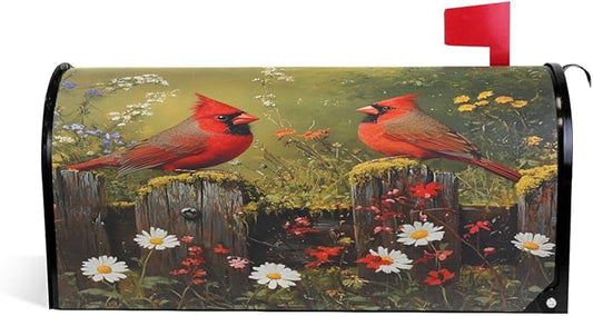 SUABO Mailbox Cover Two Red Cardinals Daisy Standard Magnetic Mailbox Covers Wraps for Christmas Home Yard Garden Decor