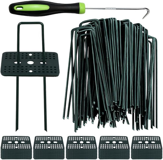 Bakulyor 100 Pcs Green Artificial Turf Stakes Anchor + 100 Pcs Buffer Washer, 6 Inch 11 Gauge Landscape Staples, Galvanized Lawn Spikes, Heavy Duty Yard Ground Pin for Grass Weed Barrier Sod Fabric