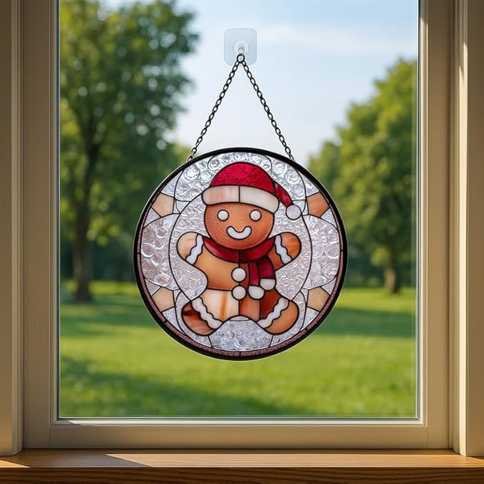Stained Glass Window Hanging – 11.8 in Gingerbread Man Santa Panel with Chain， Bathroom Front Door Living Room Garden Xmas Decor， Gift for Mom Wife Lovers