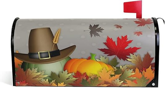 WOOR Thanksgiving Pumpkin with Hat Autumn Fall Leaves Magnetic Magnetic Mailbox Cover Standard Size for Garden Yard Outdoor Decorations-18 x 20.8"