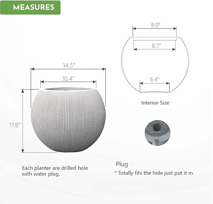 11.8 H x 14.5" Dia (8.9" Pot Opening) Plastic Beige Round Planters for Outdoor Plants, Resin Flower Pot for Indoor and Outdoor Plants, Plant Pot with Drainage Holes and Plug for Home Patio Garden