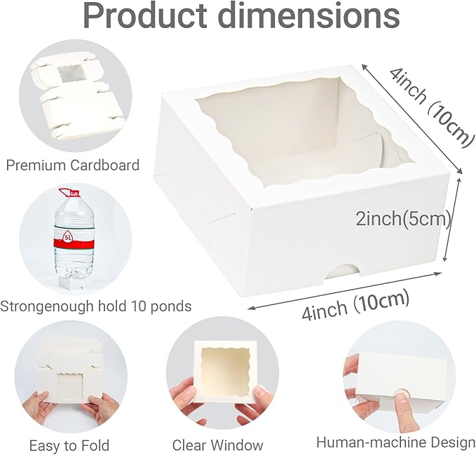 20pcs 4x4x2 Inch Bakery Boxes with Window Cookies Boxes Soap Box Chocolate Truffle Boxes Macaron Boxes Dount Boxes Gift Treat Boxes for Cake Browine pastries, or gifts goodies Party Favor