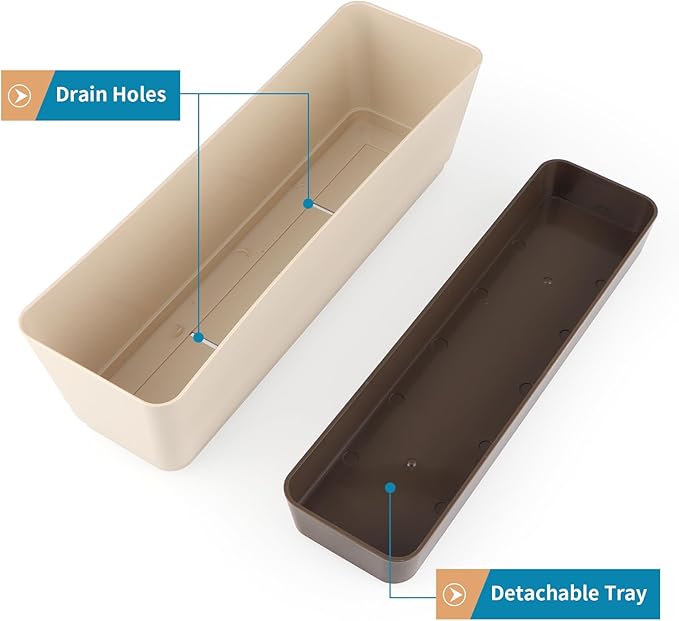 Window Box Planter with Tray, 12" Rectangle Plant Pot, Pack of 2 (Beige)
