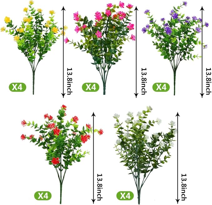 20 Bundles Artificial Flowers, Fake Artificial Greenery UV Resistant No Fade Faux Plastic Plants for Wedding Bridle Bouquet Indoor Outdoor Home Garden Kitchen Office Table Vase