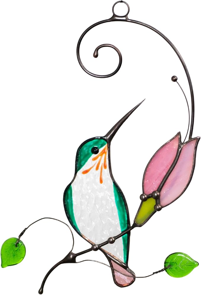Hummingbird Cardinal Birds Stained Glass Suncatcher Genuine Stained Glass Window Hangings Unique Indoor Ornament & Outdoor Decor (Hummingbird)