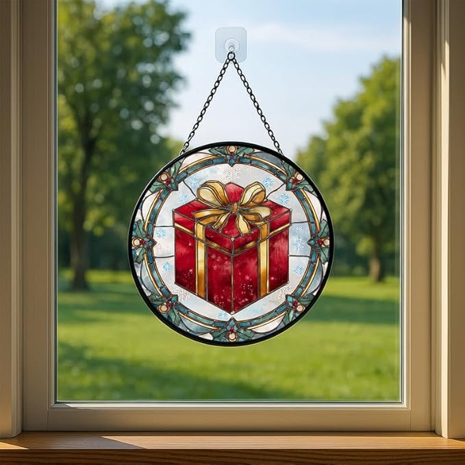 Stained Glass Window Hanging – 9.8 in Box Panel with Chain， Bathroom Front Door Living Room Garden Decor， Holiday Present Gift for Mom Wife Lovers