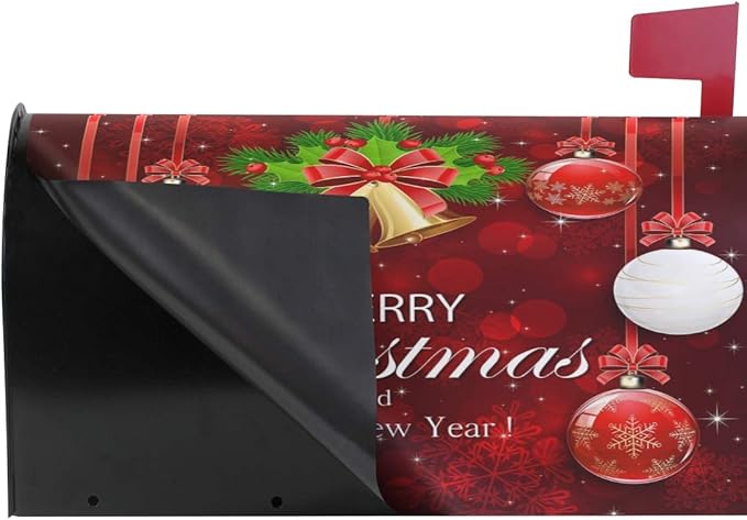 ALAZA Christmas Happy New Year Magnetic Mailbox Cover with Christmas Bells and Holly Berries Red MailWraps Garden Yard Home Decor for Outside Oversized-25.5" x20.8"