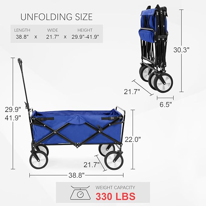 PayLessHere | Collapsible Wagon Cart with Wheels | Blue | Heavy Duty Foldable Utility Cart with 330 lb Capacity | with All-Terrain Wheels & Adjustable Handle for Outdoor, Garden, Beach, Shopping